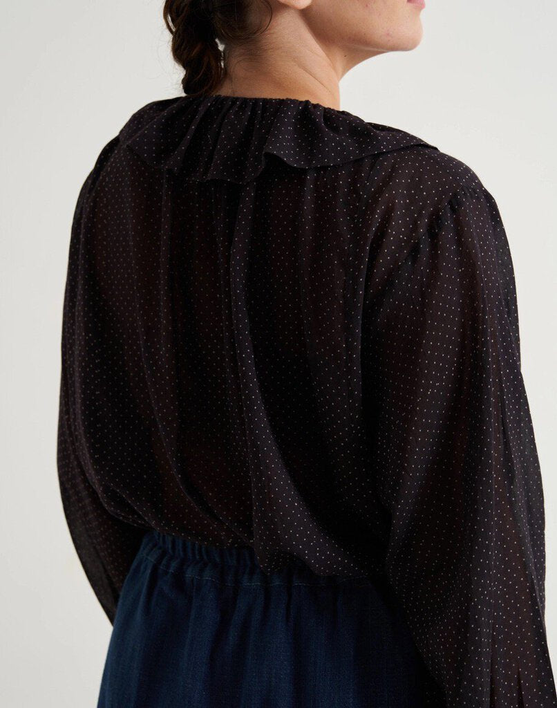 World of Crow - Polka Dot Ruffle Collar Top - Medium