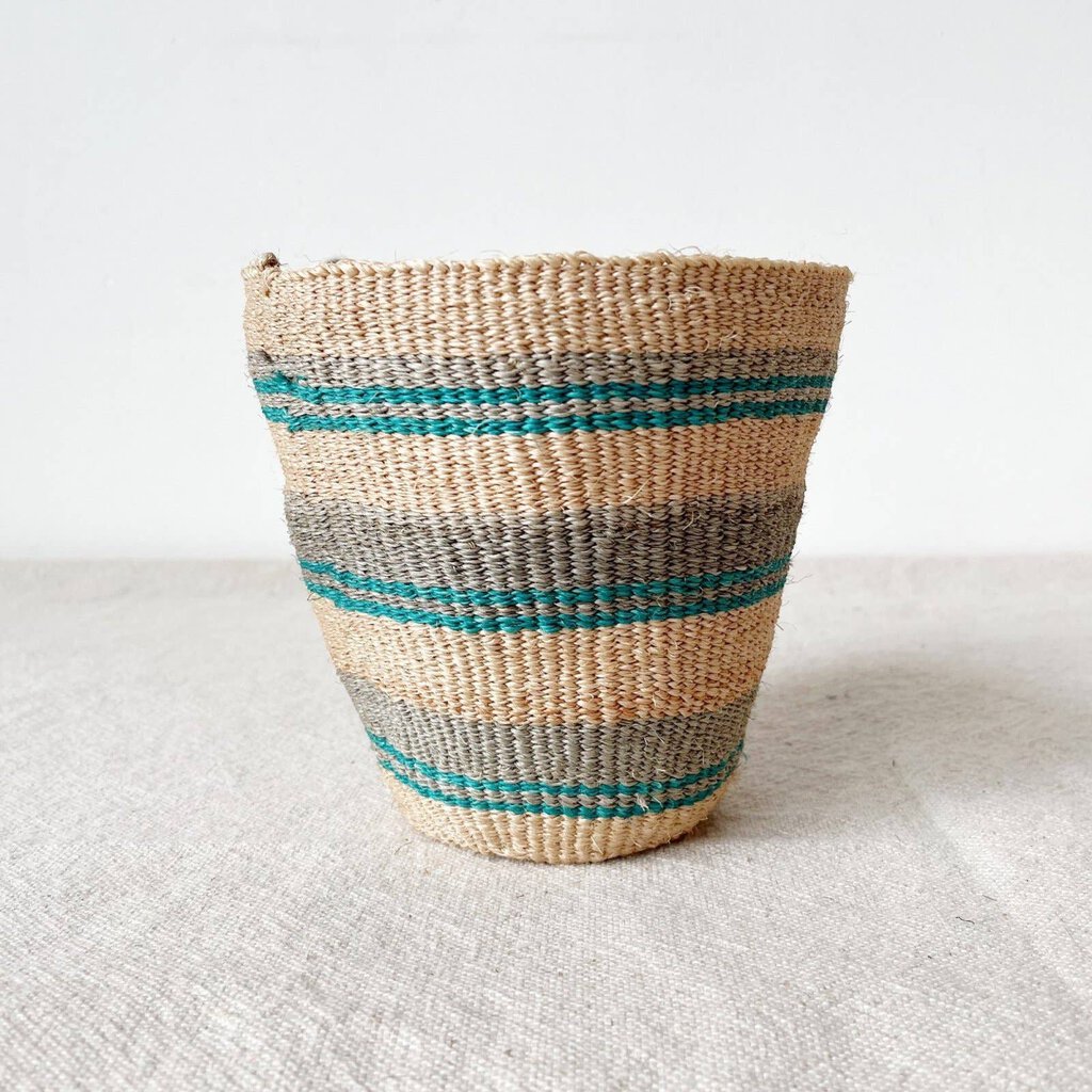 Amsha - Aqua Blue, Sand + Grey Striped Sisal Storage Basket