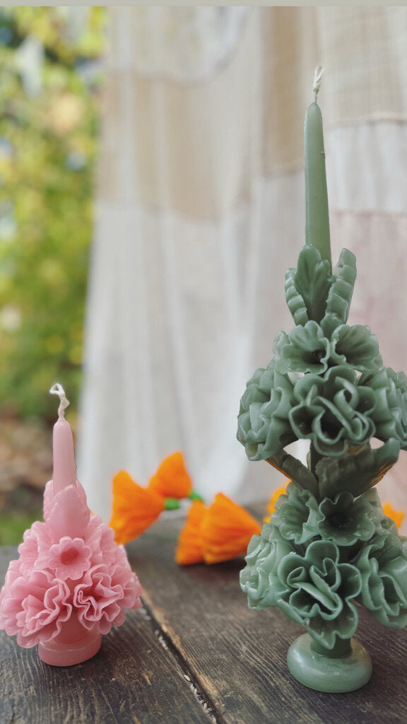 Casa Viviana Alávez - Teotitlan del Valle, Oaxaca, MX - Handcrafted Oaxacan Beeswax Marigold Candle - 7" Rosebud Pink