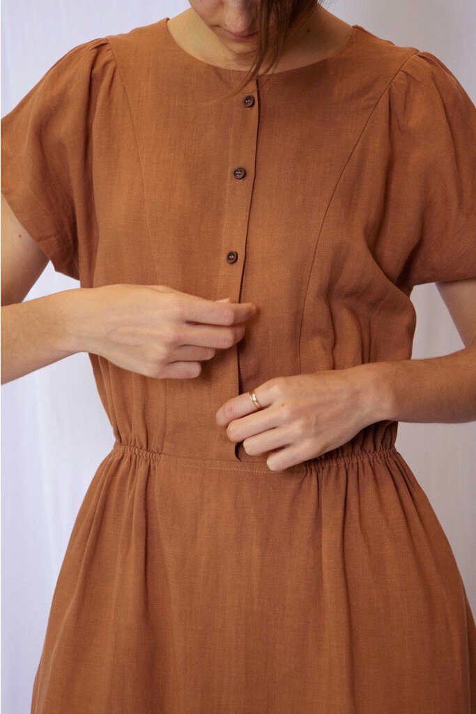 amente - Rust Button-front Linen Dress - Large