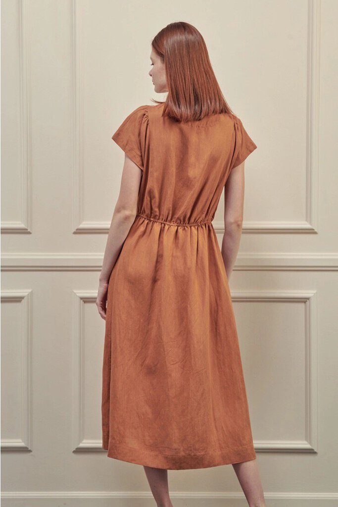 amente - Rust Button-front Linen Dress - Large