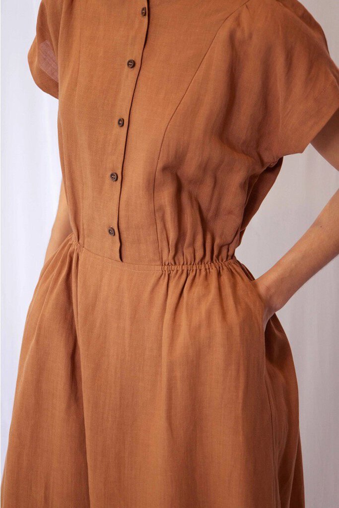 amente - Rust Button-front Linen Dress - Large