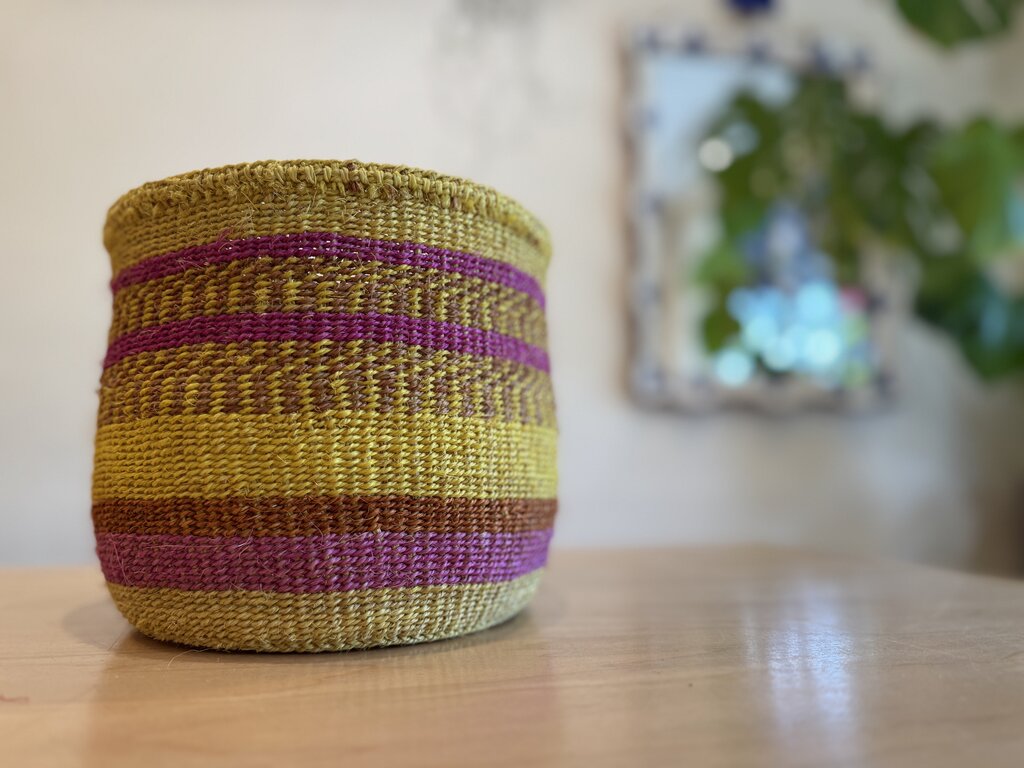 Amsha - Yellow + Pink Striped Sisal Storage Basket - Small