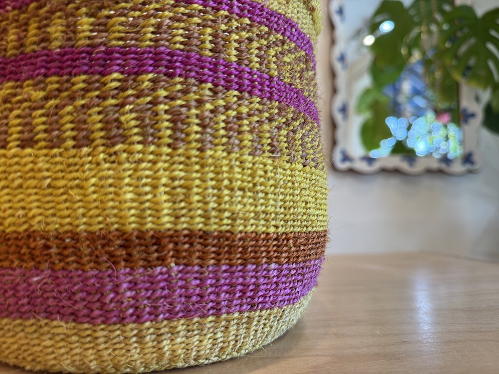 Amsha - Yellow + Pink Striped Sisal Storage Basket - Small