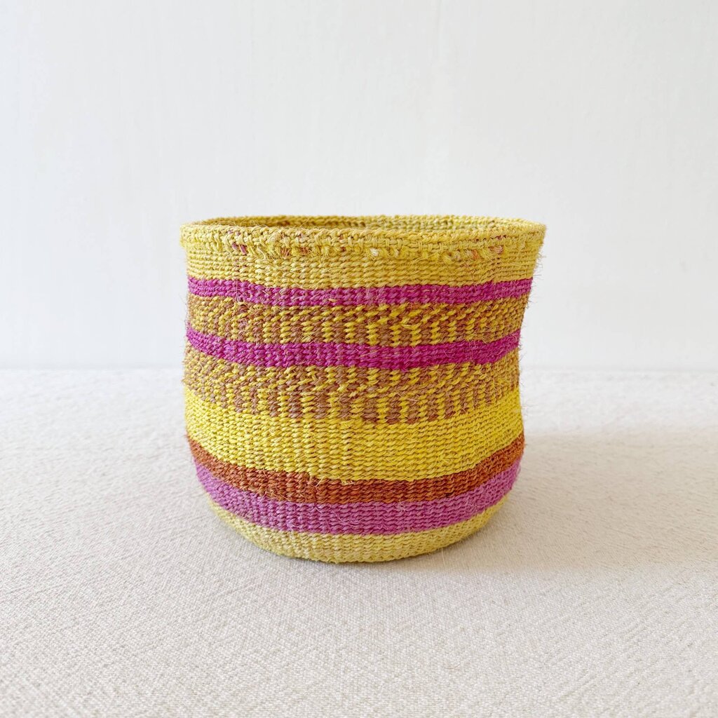Amsha - Yellow + Pink Striped Sisal Storage Basket - Small
