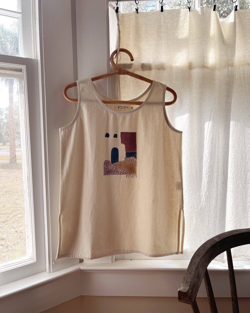 PO-EM - Meet-Me-Here Block-printed Long Cotton Tank - Small/Medium