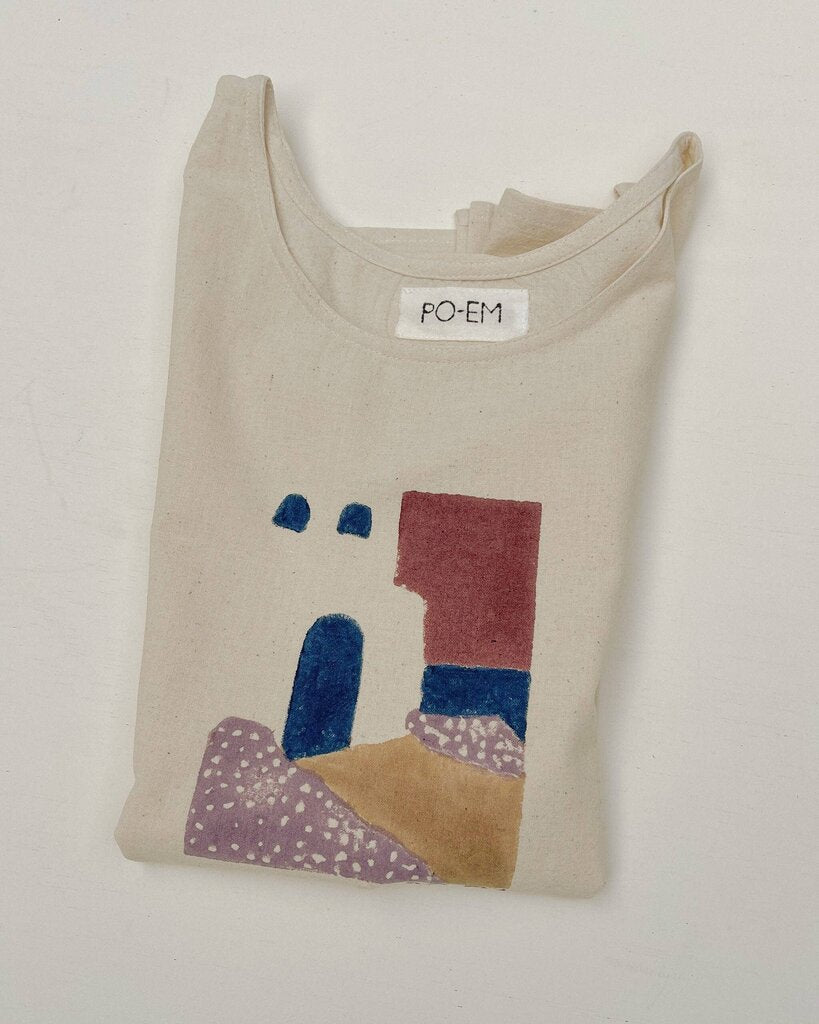 PO-EM - Meet-Me-Here Block-printed Long Cotton Tank - Small/Medium