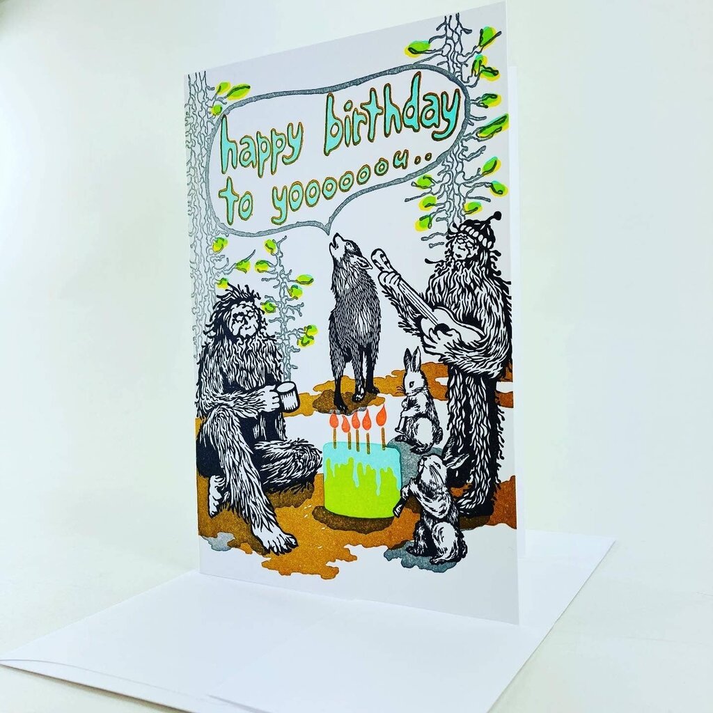 Old School Stationers - Local Letterpress Notecard - Sasquatch + Friends Birthday Song