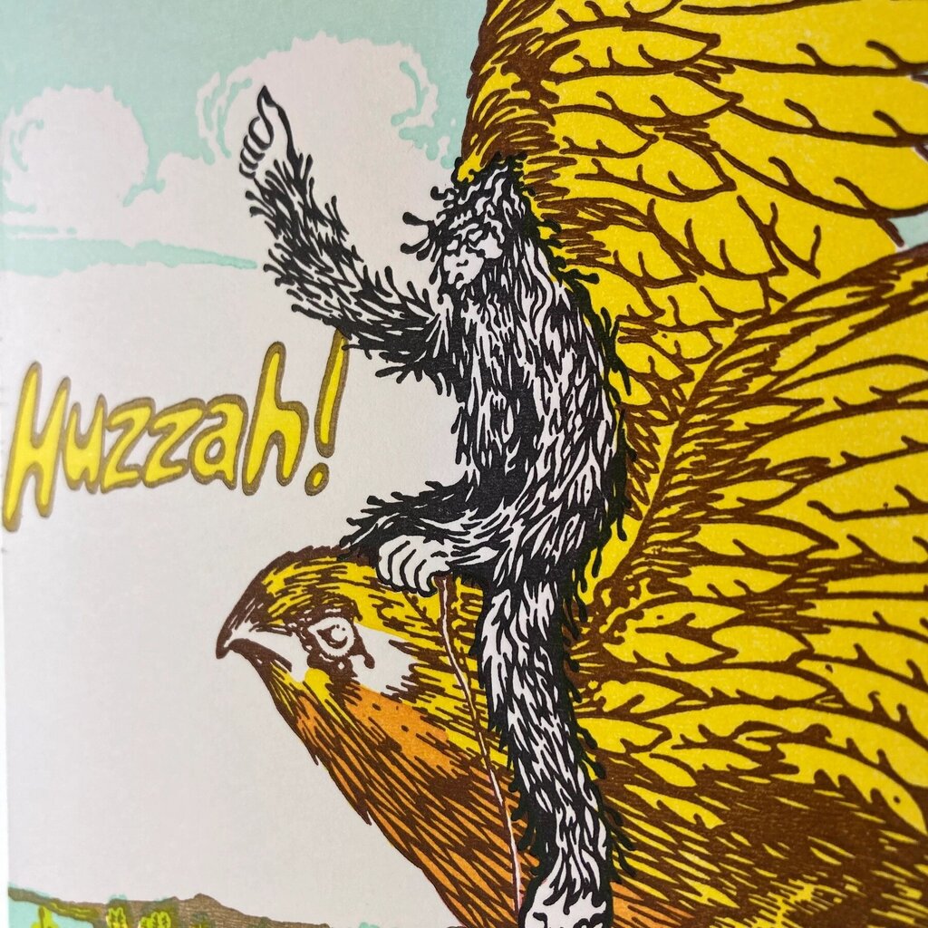 Old School Stationers - Local Letterpressed Notecard - "Huzzah" Sasquatch Rides Falcon Victory Card
