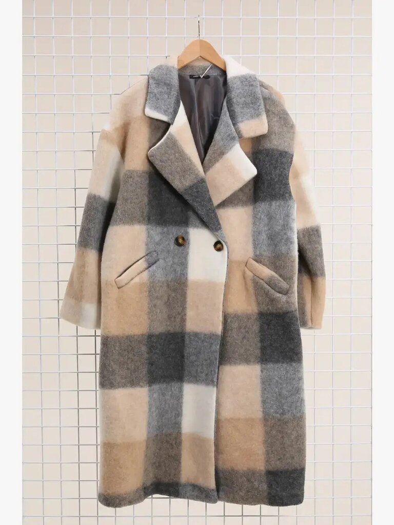 la maison des fibres naturelles - Beige Woolen Plaid Double-breasted Overcoat - One Size