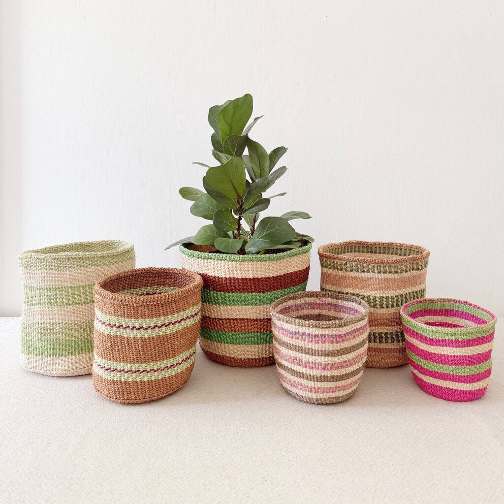 Amsha - Bigger Green, Brown, Cream Striped Sisal Basket - Woven in Kenya