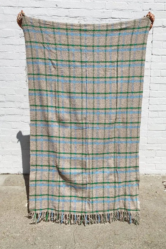 Sundream - Beige + Kelly Green + Light Blue Plaid Sustainable Throw Blanket