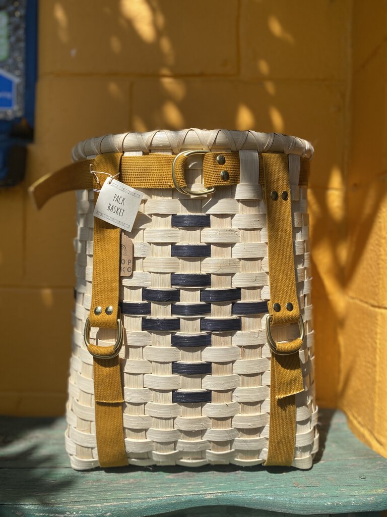 Rose Holdorf - Rattan Pack Basket - Blue Diamond Pattern with Marigold + Rosemary Straps
