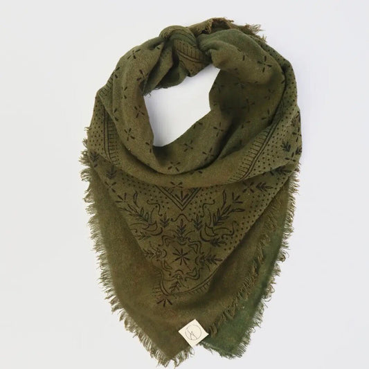 Eco Raw Studio - Plant-dyed Raw Silk Bandana - Olive Green + Charcoal