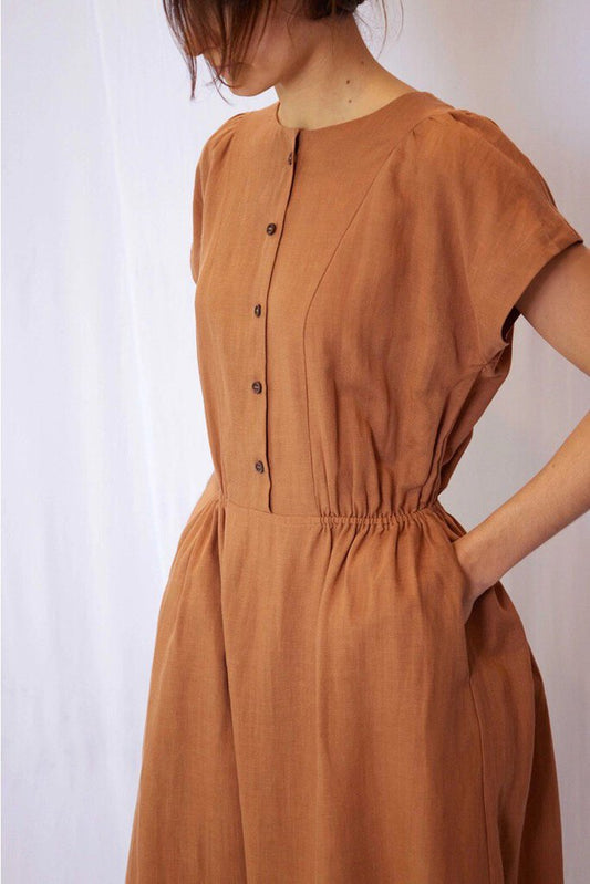 amente - Rust Button-front Linen Dress - Medium