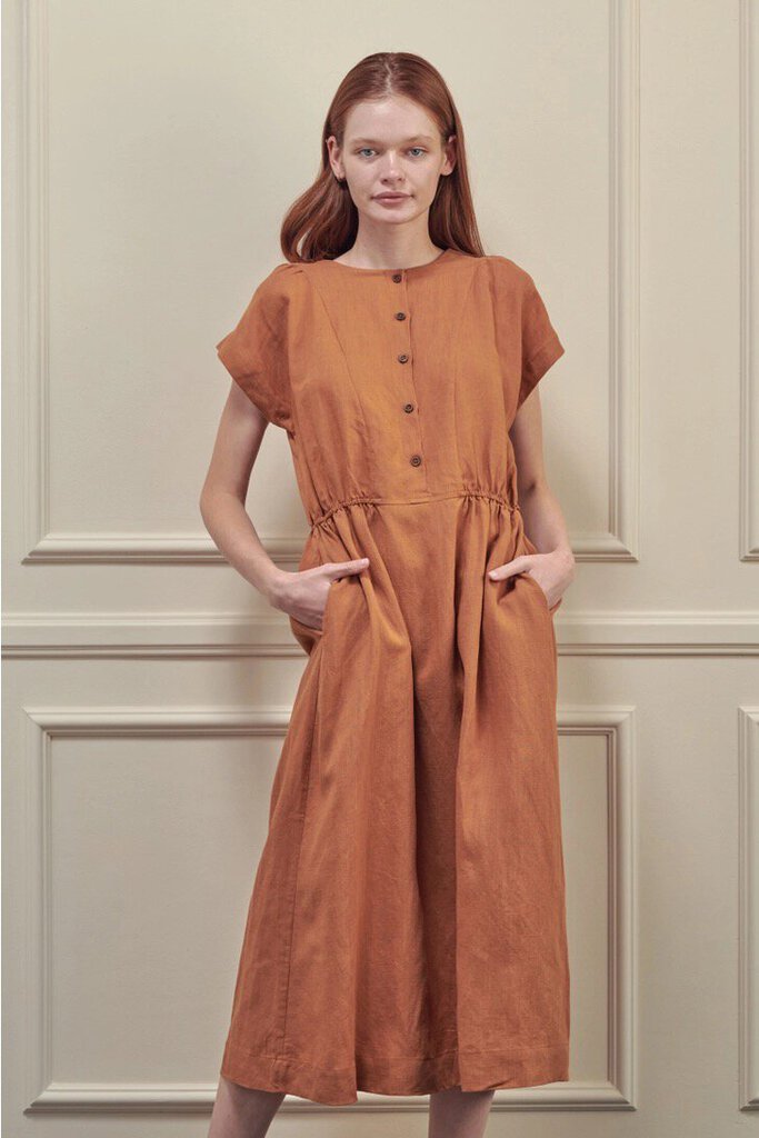 amente - Rust Button-front Linen Dress - Large