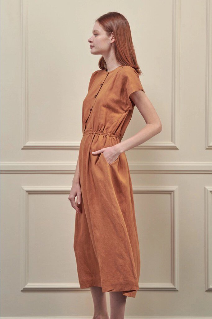 amente - Rust Button-front Linen Dress - Medium