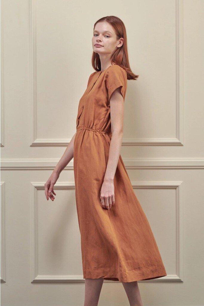 amente - Rust Button-front Linen Dress - Large
