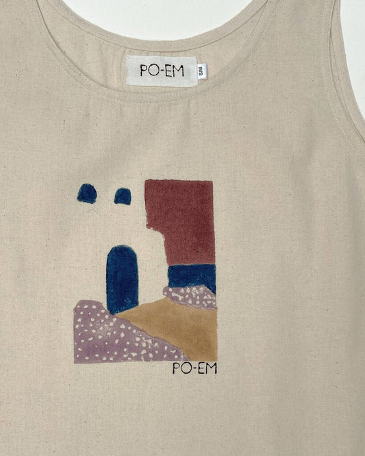 PO-EM - Meet-Me-Here Block-printed Long Cotton Tank - Small/Medium