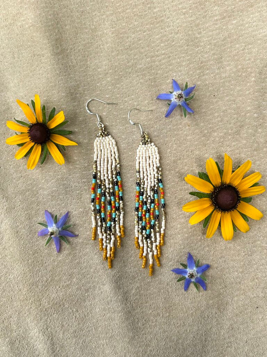 Waleia Creative - Cherokee Beadwork Earrings - Ivory + Primaries