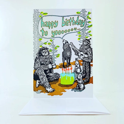 Old School Stationers - Local Letterpress Notecard - Sasquatch + Friends Birthday Song