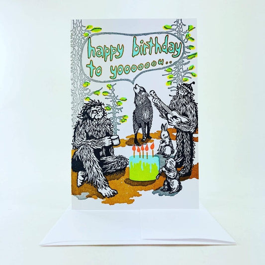 Old School Stationers - Local Letterpress Notecard - Sasquatch + Friends Birthday Song