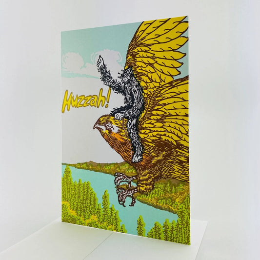 Old School Stationers - Local Letterpressed Notecard - "Huzzah" Sasquatch Rides Falcon Victory Card