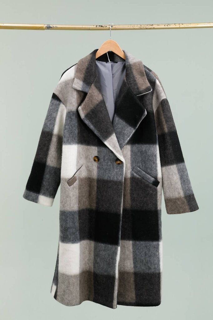 la maison des fibres naturelles - Charcoal + Taupe Woolen Plaid Double-breasted Overcoat - One Size