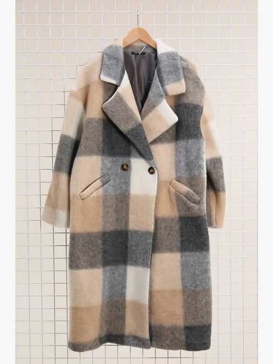 la maison des fibres naturelles - Beige Woolen Plaid Double-breasted Overcoat - One Size