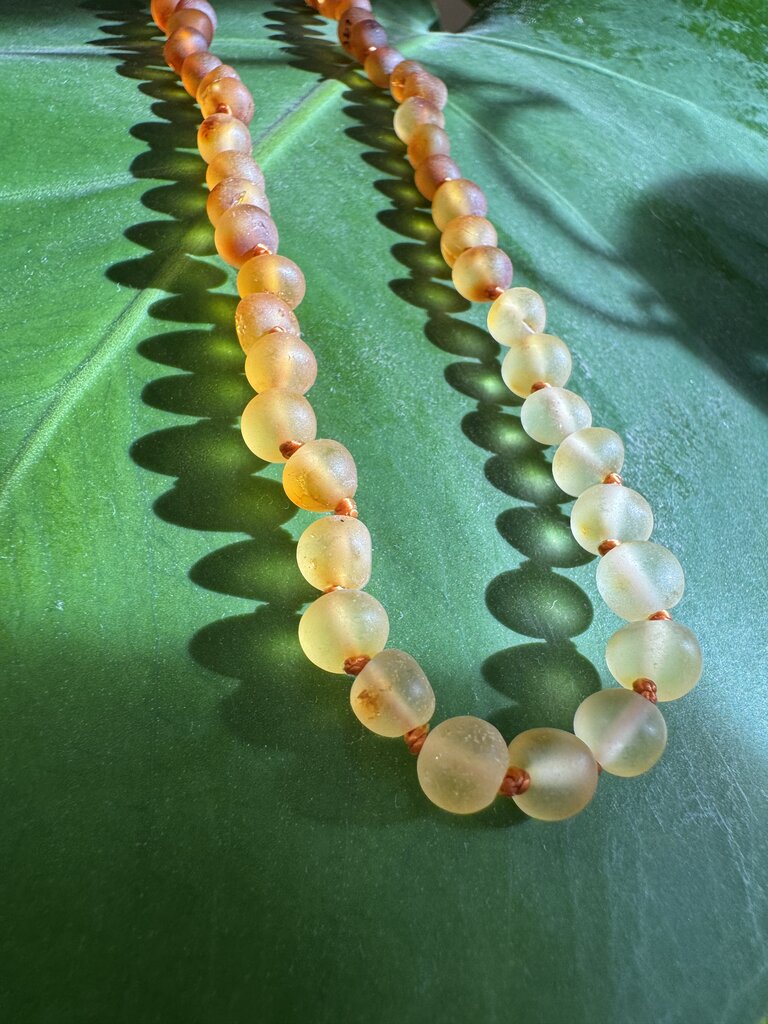 Canyon Leaf - Ombre Raw Baltic Sea Amber Knotted Strand Necklace - Adult 16" (dark clasp)