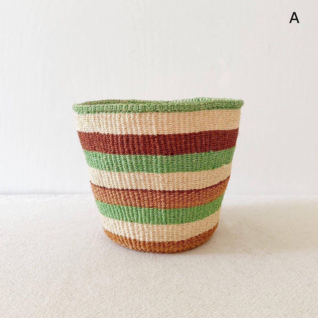 Amsha - Bigger Green, Brown, Cream Striped Sisal Basket - Woven in Kenya