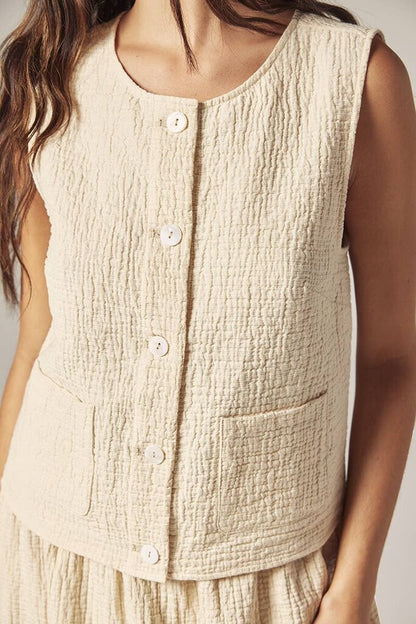 amente - Cream Button-front Crinkle Vest - Large