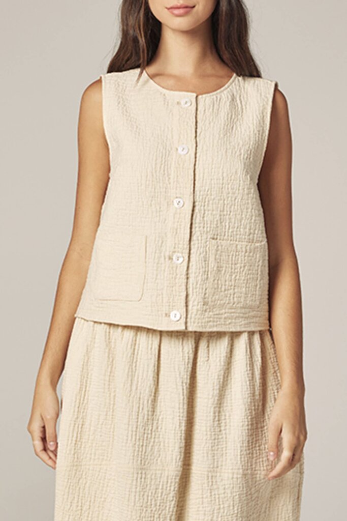 amente - Cream Button-front Crinkle Vest - Large