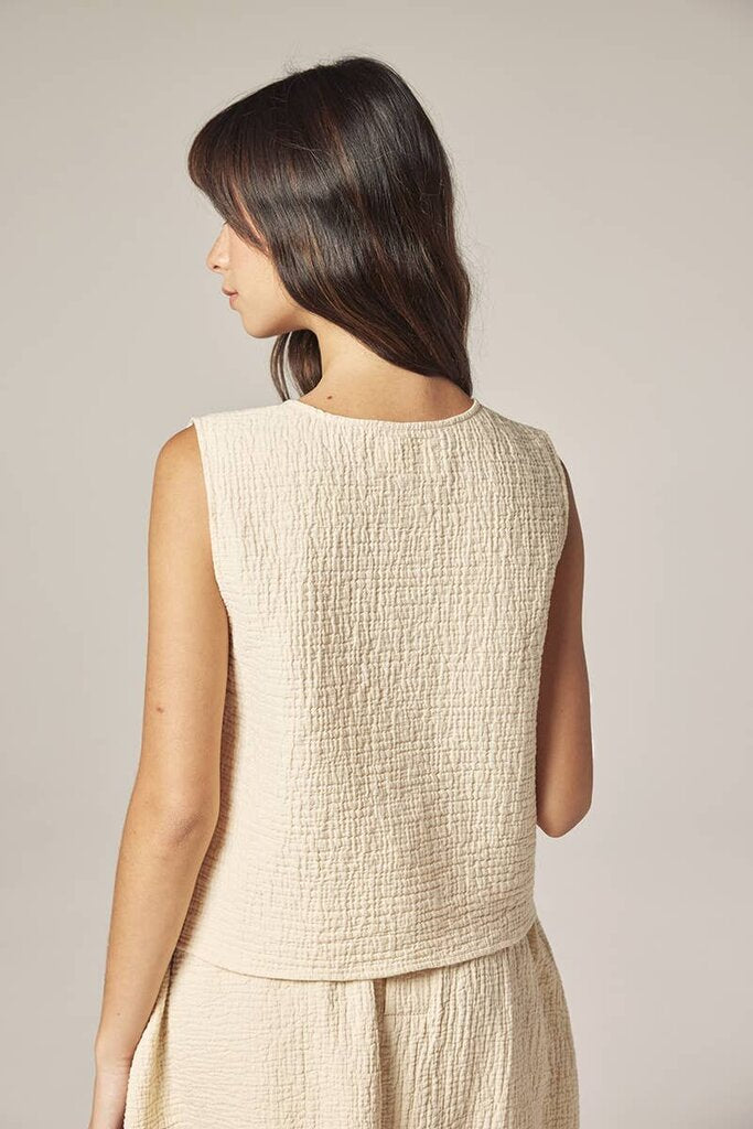 amente - Cream Button-front Crinkle Vest - Large