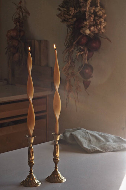 Woven - Handpoured Beeswax Ribbon Taper Candle Pair - Cortes Island, BC