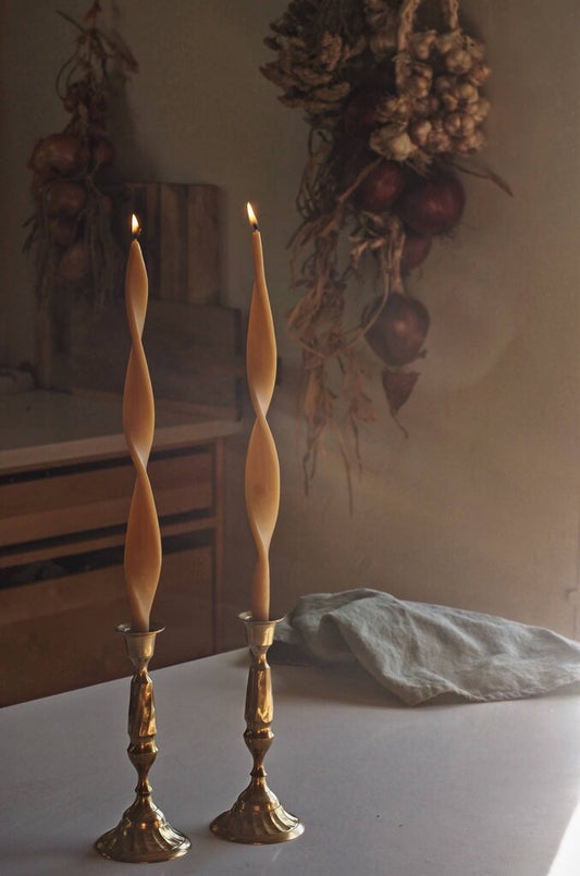 Woven - Handpoured Beeswax Ribbon Taper Candle Pair - Cortes Island, BC