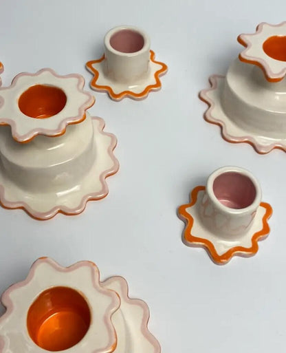 Fooshoo - White, Pink + Orange Ceramic Candle Holder - Small