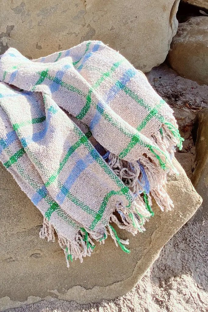 Sundream - Beige + Kelly Green + Light Blue Plaid Sustainable Throw Blanket