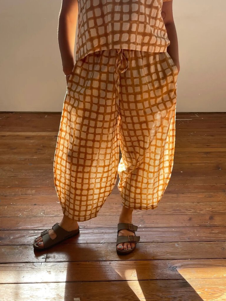HFG - Ochre Block-Printed Grid Marius Pants - One Size
