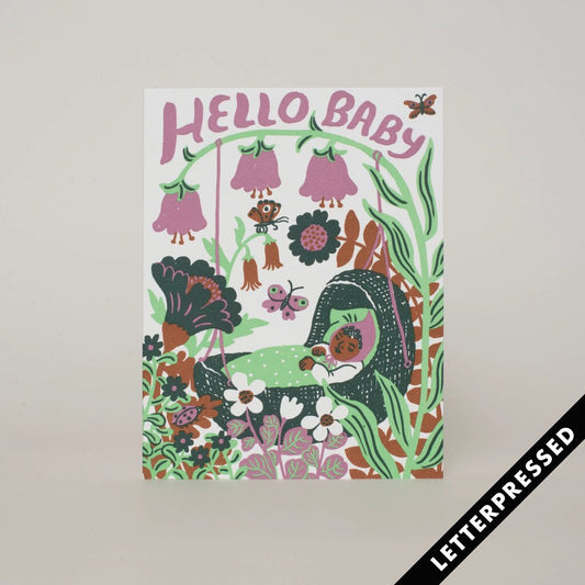 Phoebe Wahl - Letterpress Greeting Card - Hello Baby Purple Bassinet